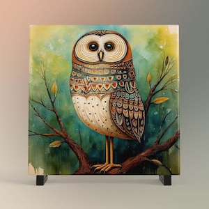 Whimsical Owl Folk Art Ceramic Tile - Unique Nature Lovers Decor - Minimalist Wall Hanging for Gift Giving - Artisan Home Wall Plaques