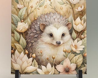 Hedgehog Ceramic Tile Art, Shabby Chic Woodland Decor