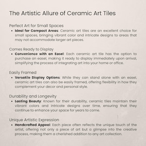 May include: Text on a cream-colored background reads "The Artistic Allure of Ceramic Art Tiles." The text highlights features like suitability for small spaces, display options, durability, and handcrafted appeal. The text is in a clean, easy-to-read font.