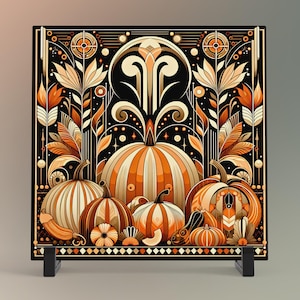 May include: A square art print featuring a stylized autumn harvest scene. The artwork showcases several pumpkins in shades of orange and cream, set against a black background with decorative floral elements. The print is displayed on a black stand.