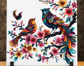 Handmade Colorful Birds Ceramic Art Tile: Whimsical Wildlife Decor