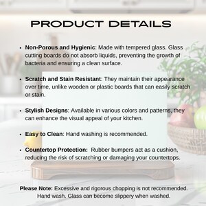 May include: A glass cutting board with a wood-like design. The board is non-porous and hygienic, making it resistant to scratches and stains. It features rubber bumpers to protect countertops.