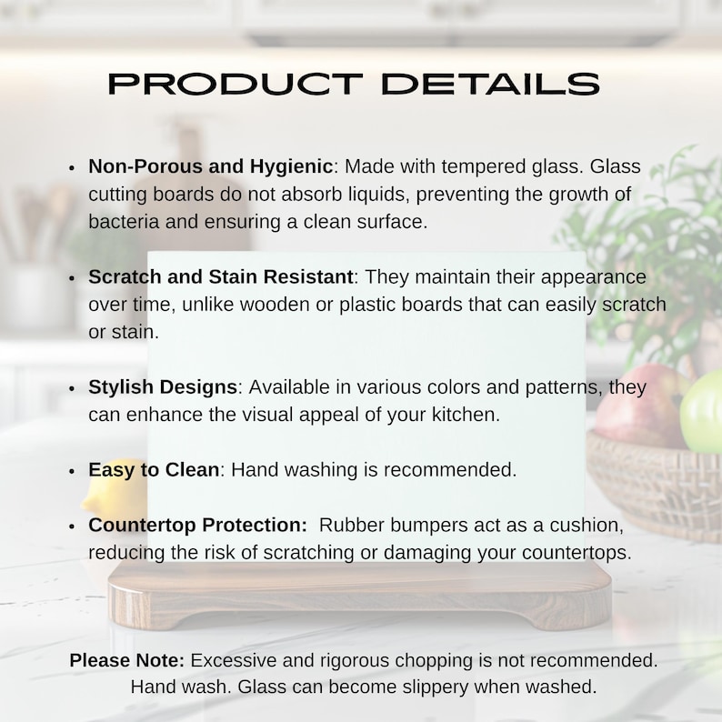 May include: A glass cutting board with a wood-like design. The board is non-porous and hygienic, making it resistant to scratches and stains. It features rubber bumpers to protect countertops.