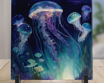May include: Square art print featuring a watercolor illustration of several jellyfish in shades of blue, purple, and teal. The jellyfish have long, flowing tentacles and are set against a dark blue background with hints of underwater plants.