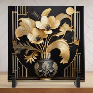 Art Nouveau Ceramic Art Tile Black and Gold Flowers in Vase - Stunning Art Nouveau Decorative Wall Hanging - Elegant Home Decor - II