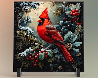 Red Cardinal Ceramic Art Tile, William Morris Style, Nature Wall Decor