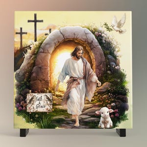 May include: A painting depicting Jesus Christ emerging from a stone tomb, with a white dove flying above. The tomb is surrounded by lush greenery and flowers. A sign reads "Faith & Grace".