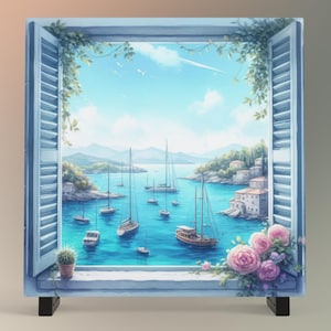 Beach View Window Ceramic Tile | Coastal Art with Sailboats | Nautical Decor | Ocean Art