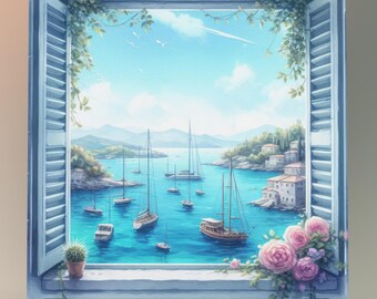 May include: A painting of a window with a view of a bay with sailboats. The window is open and there are flowers and greenery on the windowsill. The sky is blue and the water is turquoise.