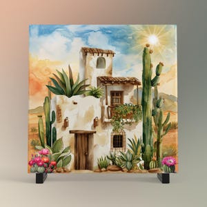 Southwest Adobe House Ceramic Tile II, Desert Art for Home Decor, Arizona & New Mexico Wall Decor, Unique Home Southwestern Artwork