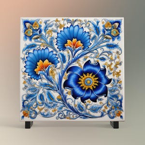 Mediterranean Floral Ceramic Art Tile, Decorative Tile for Elegant Home Decor, Kitchen Wall Art, Trivet Optional