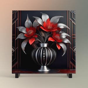 Art Nouveau Ceramic Art Tile Black and Red Flowers in Vase - Stunning Art Nouveau Decorative Wall Hanging - Elegant Home Decor