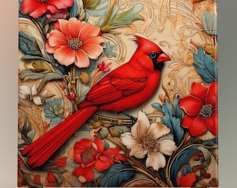 Elegant Red Cardinal Ceramic Art Tile Inspired by William Morris | Art Nouveau Wall Decor | Classic Style | Perfect Gift for Bird Lover