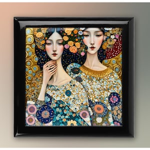 May include: A painting of two women with floral headpieces and intricate patterns on their clothing. The background is a mix of gold, blue, and black.