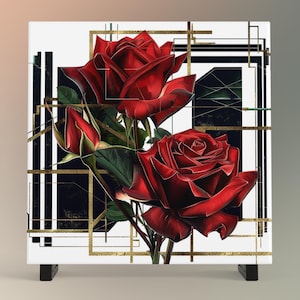 Art Deco Red Rose Ceramic Tile, Art Nouveau, Decorative Tile, Vintage Wall Art, Unique Home Decor