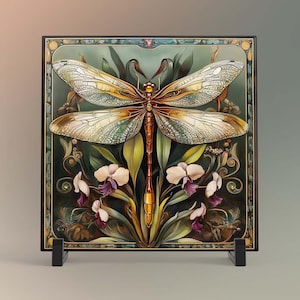 Dragonfly Art Tile -  Art Nouveau Ceramic Tile for Decorative Wall Use, Unique Home Decor Gift for Nature Lovers