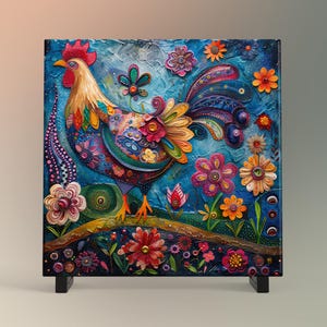 May include: A colorful, 3D mixed media painting of a rooster standing in a field of flowers. The rooster is decorated with intricate patterns and textures, and the flowers are vibrant and realistic.
