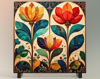 May include: A square ceramic tile with a colorful floral design. The tile features three stylized flowers with yellow, red, and orange petals. The flowers are surrounded by green leaves and a white background.