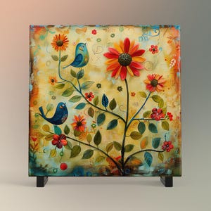 Whimsical Birds and Flowers Tile Art, Quirky Home Decor for Bird Enthusiasts, Ideal Nature-Inspired Gift