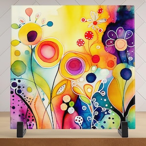 Abstract Wildflower Watercolor Ceramic Tile | Floral Wall Decor