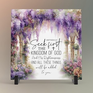 Wisteria Garden Ceramic Art Print, Matthew 6:33 Scripture Tile, Seek First the Kingdom