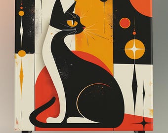 Mid-Century Cat Ceramic Tile, Retro Art Wall Hanging