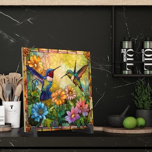 May include: A colorful stained glass panel featuring two hummingbirds amidst vibrant flowers. The artwork showcases a variety of blooms in shades of orange, blue, and pink, with a yellow and gold background. The panel is displayed on a black stand.