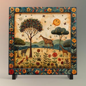 African Safari Ceramic Tile, Folk Art Wildlife Artwork Home Decor, African Aesthetic Spring Decor