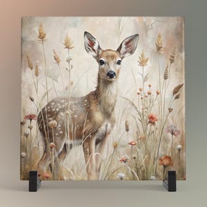 May include: A square decorative tile featuring a watercolor painting of a young deer in a field of tall grass and wildflowers. The deer has brown fur with white spots. The flowers are in shades of orange, pink, and white. The tile is displayed on a black stand.