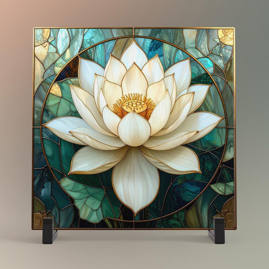 Lotus Flower Ceramic Tile Art - Stained Glass Style, Elegant Wall Decor ...