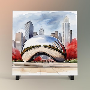 Iconic Chicago Bean Ceramic Art Tile, Watercolor Landmark Decor for Home, Perfect Gift for Chicago Lovers