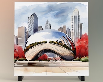 Chicago Bean Art Tile: Watercolor Landmark Ceramic Decor