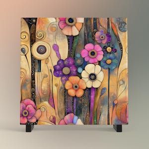 Abstract Floral Ceramic Tile Art, Klimt Inspired Wall Decor