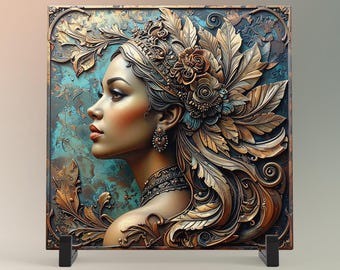 Art Deco Ceramic Tile, 1930s Bronze Woman, Art Nouveau Decor