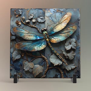 May include: A decorative wall art piece featuring a detailed dragonfly with iridescent blue and gold wings. The dragonfly is set against a textured, blue-grey background with embossed leaves and vines. The artwork is displayed on a black stand.