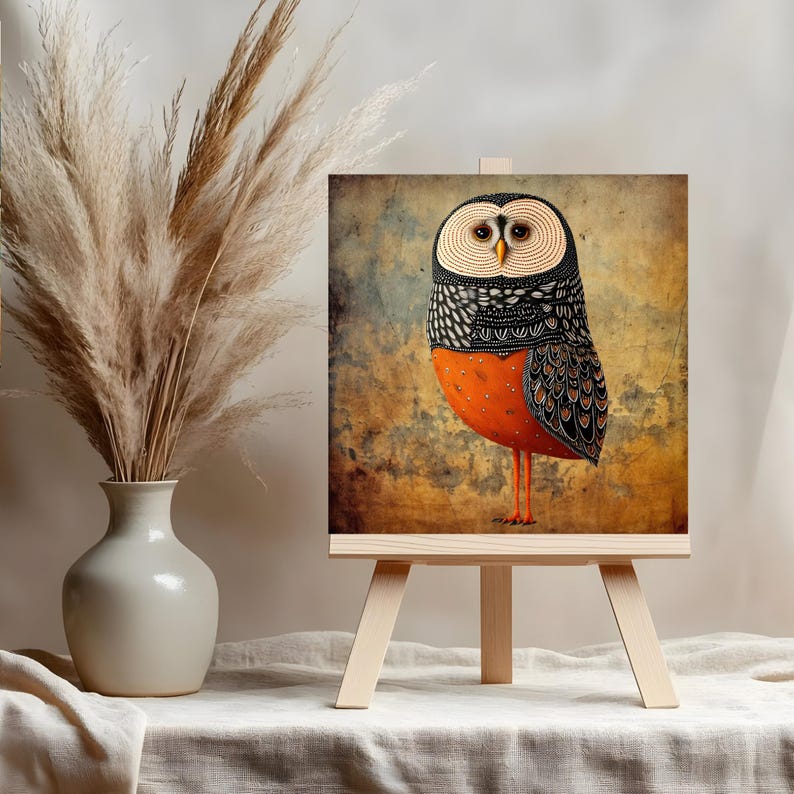 May include: An owl painting on a small wooden easel. The owl has a patterned black and white head, orange body, and long orange legs. The background is a mix of brown, blue, and yellow tones. A vase with dried plants is to the left.