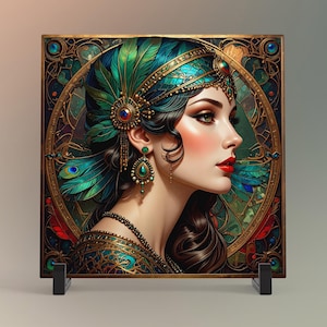 May include: A square art print featuring a woman in profile, adorned with a teal and gold headdress and jewelry. The artwork has a stained-glass effect with peacock feather accents and a red-lipped woman. The print is displayed on a black stand.