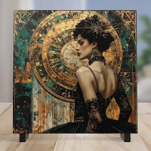 Art Deco Art Tile, Vintage Bronze 1920s Cabaret Dancer,  Elegant Woman Wall Decor for Art Nouveau Style, Retro Home Accents
