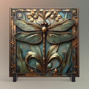 May include: A bronze-colored metal wall art piece featuring a detailed dragonfly design. The dragonfly has textured wings and is surrounded by floral and leaf accents. The background is a teal color, and the artwork is displayed on a black stand.