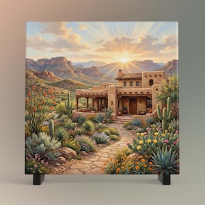 May include: A square canvas print depicting a Southwestern landscape. The artwork showcases a stucco-style house with a terracotta roof, surrounded by desert flora like cacti and flowering plants. The background features mountains and a sunset with sun rays.