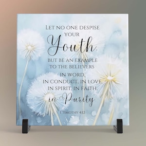 May include: Square decorative art piece with a watercolor background in shades of blue and white. The artwork features dandelion illustrations and the text "LET NO ONE DESPISE YOUR Youth..." from 1 Timothy 4:12.