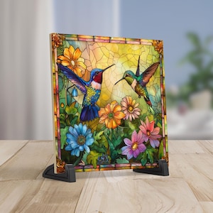 May include: A stained glass panel featuring two hummingbirds amidst colorful flowers. The artwork showcases vibrant blues, greens, oranges, and pinks, with a detailed, mosaic-like design. The panel is displayed on a wooden surface with a black stand.