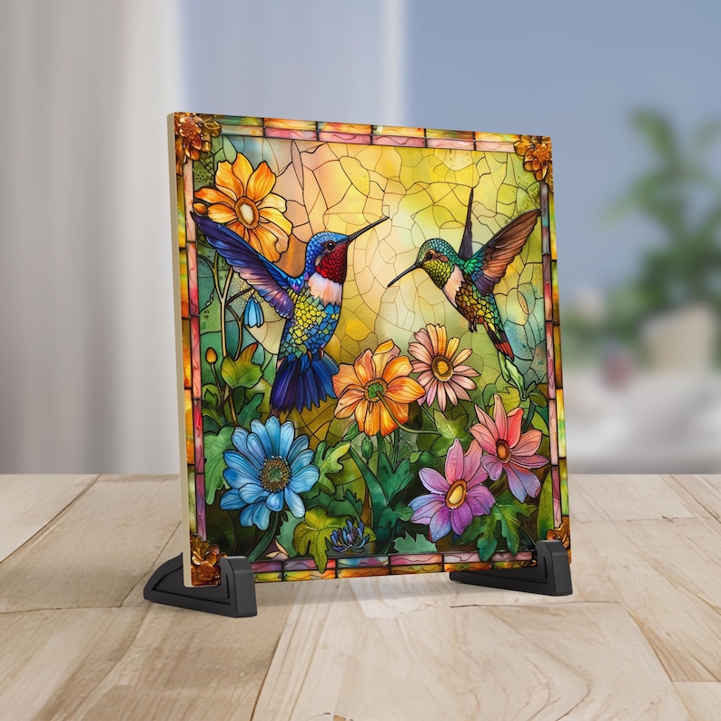 May include: A stained glass panel featuring two hummingbirds amidst colorful flowers. The artwork showcases vibrant blues, greens, oranges, and pinks, with a detailed, mosaic-like design. The panel is displayed on a wooden surface with a black stand.