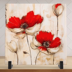 Red Flowers Ceramic Wall Tile, Charming Rustic Farmhouse Art, Home Decor for Kitchen or Gallery Wall Tile for Living Room