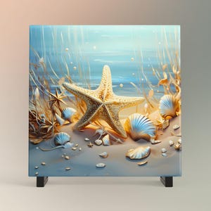 Beautiful Coastal Ceramic Art Tile - Starfish and Seashells Ocean Wall Decor - Gift for Beach and Ocean Lovers