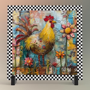 May include: A colorful, abstract painting of a rooster standing in a field of flowers. The rooster is yellow, red, and brown, and the flowers are pink, yellow, and orange. The background is a mix of blue, green, and brown.