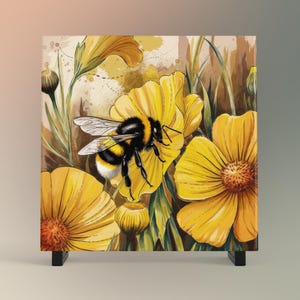 May include: A bumblebee with black and yellow stripes sits on a yellow flower with a brown background. The flower has a yellow center and is surrounded by other yellow flowers.