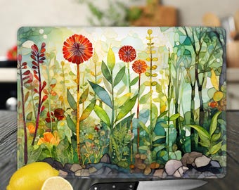 May include: A watercolor painting of a garden scene with red, yellow, and green flowers. The flowers are painted in a stylized way, with long, thin stems and large, round blooms. The background is a soft, blurred green.