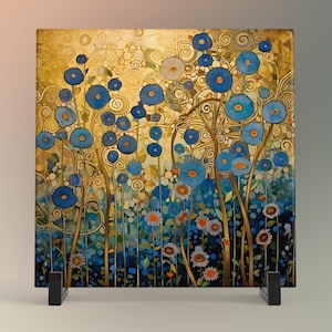 May include: A square glass tile with a colorful abstract floral design. The background is a golden yellow with swirling lines and blue flowers. The foreground features a field of blue and white flowers.