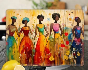 May include: Five women in colorful dresses stand in a field of flowers. The women are painted in a stylized, abstract style. The background is a light yellow with green and brown accents.